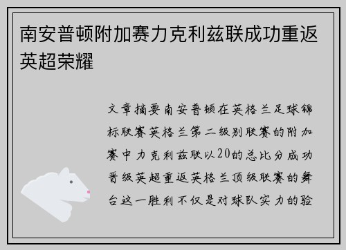 南安普顿附加赛力克利兹联成功重返英超荣耀