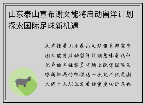 山东泰山宣布谢文能将启动留洋计划探索国际足球新机遇